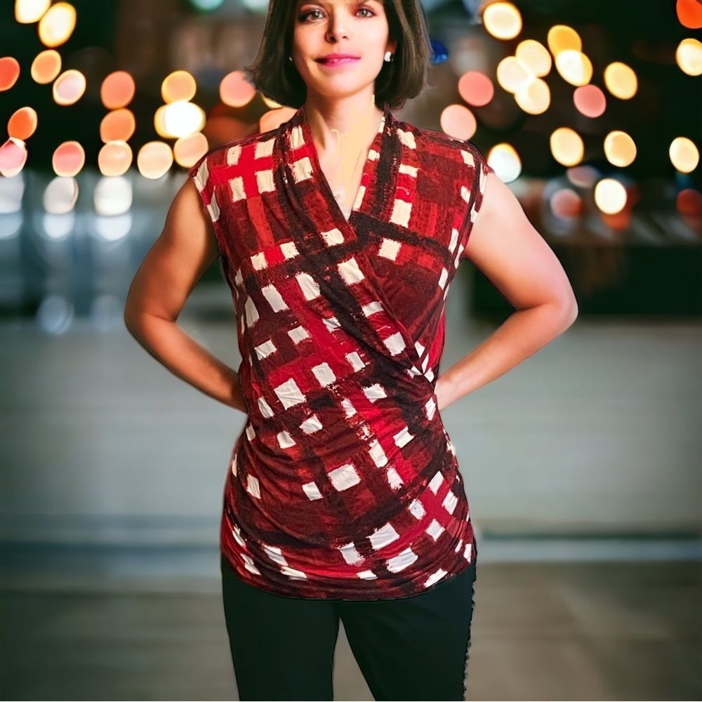 MICHAEL by Michael Kors Abstract Plaid Sleeveless Draped Top Red Black Ivory SzM